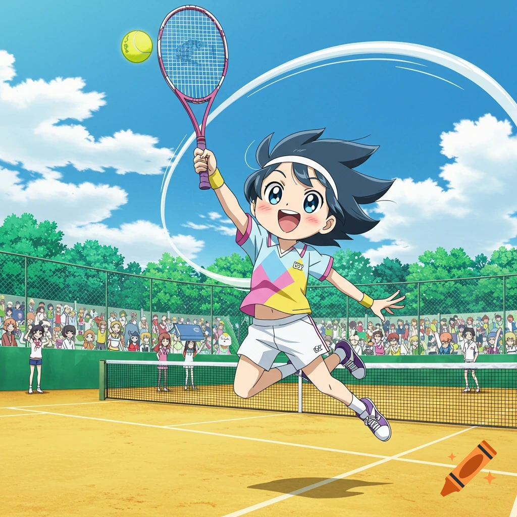 An anime character leaps to hit a tennis ball on a court during a match, with spectators in the background.