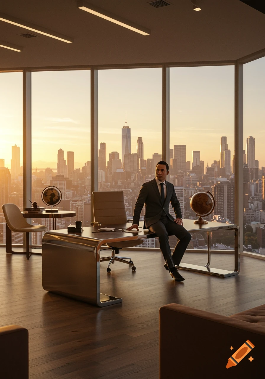 A photorealistic image of a man in a suit sitting on an office desk, overlooking a city skyline at sunset.