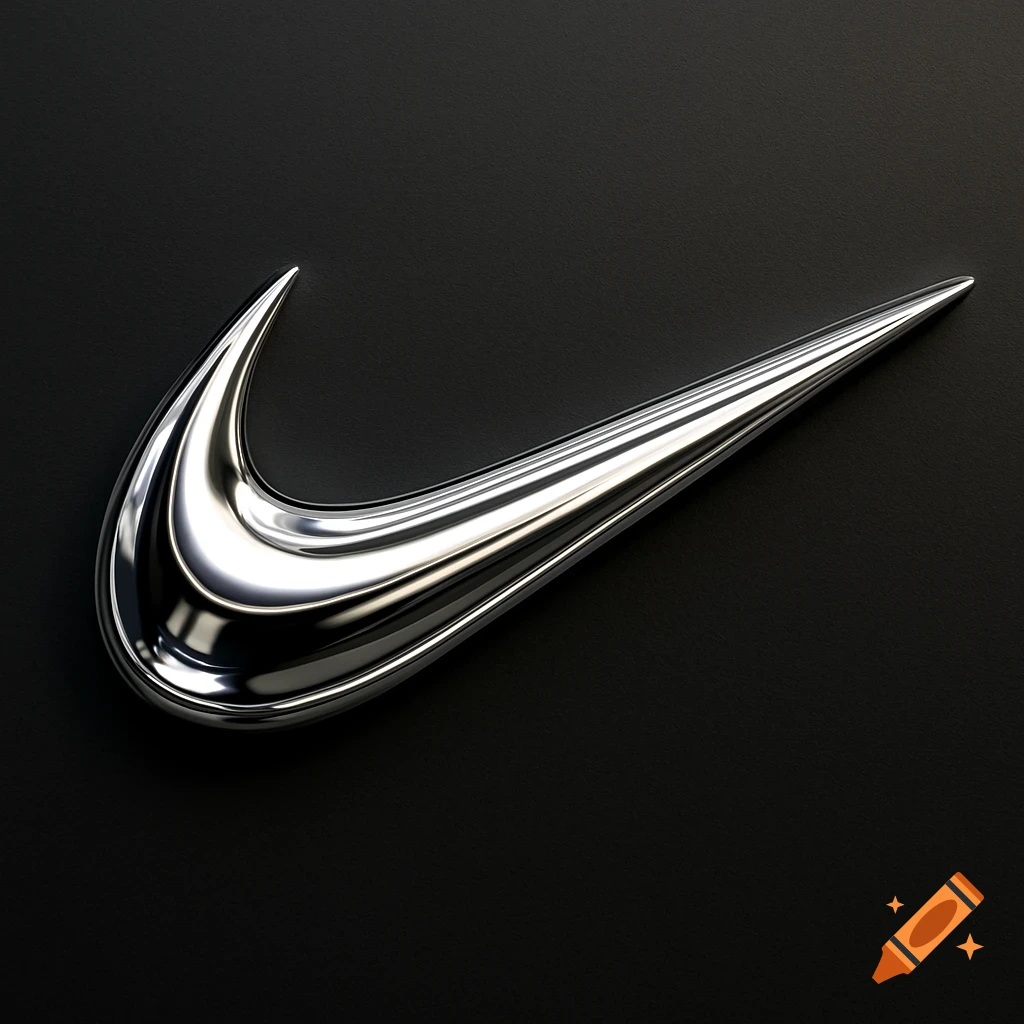 A close-up, photorealistic 3D rendering of a silver metallic Nike swoosh logo on a dark gray background.