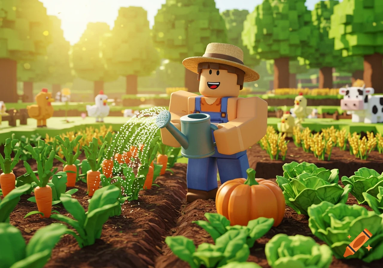 A Roblox farmer character in a straw hat and overalls waters carrots in a sunny field with chickens and a cow nearby.