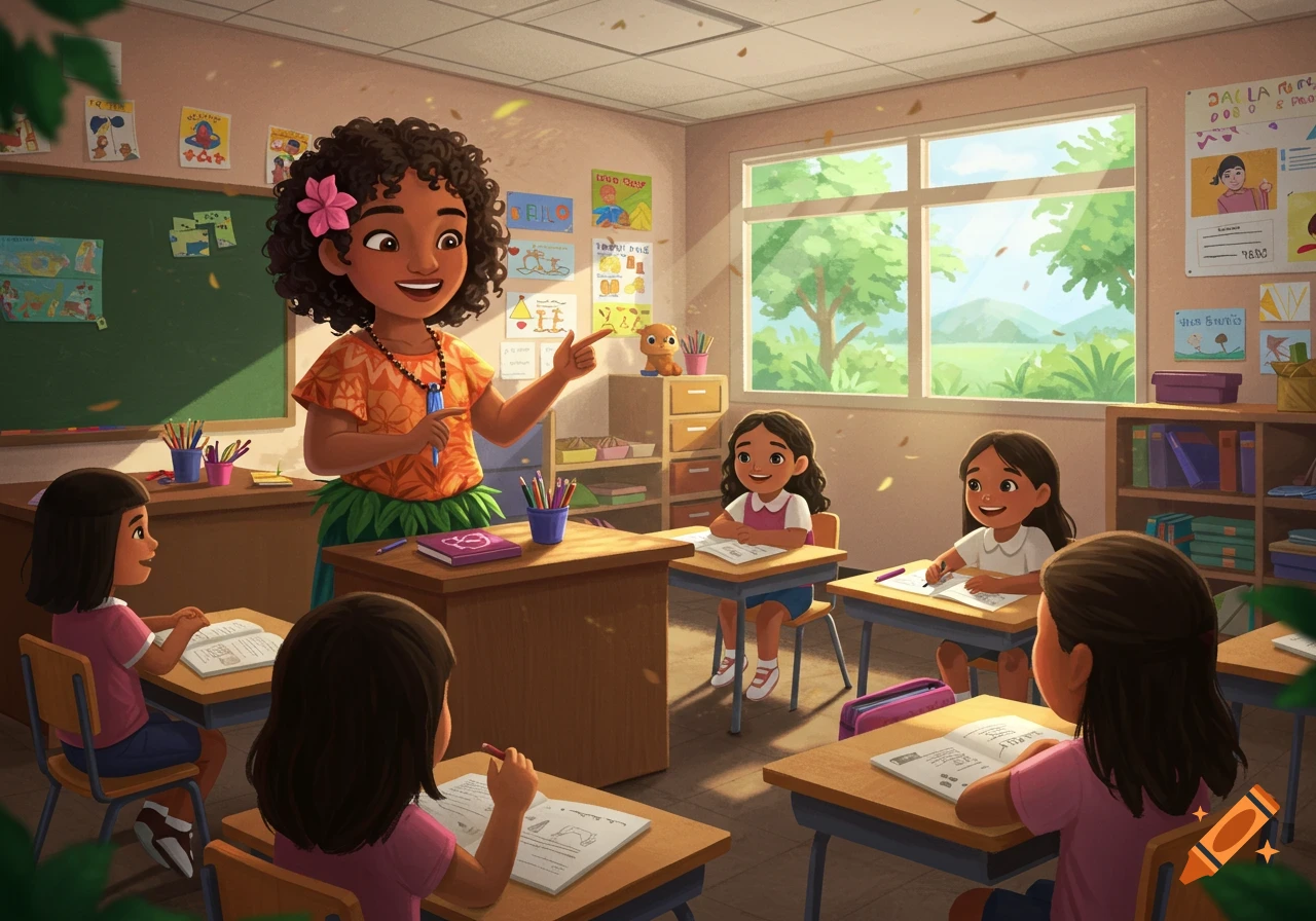A smiling Polynesian teacher with curly hair teaches young children in a bright classroom.