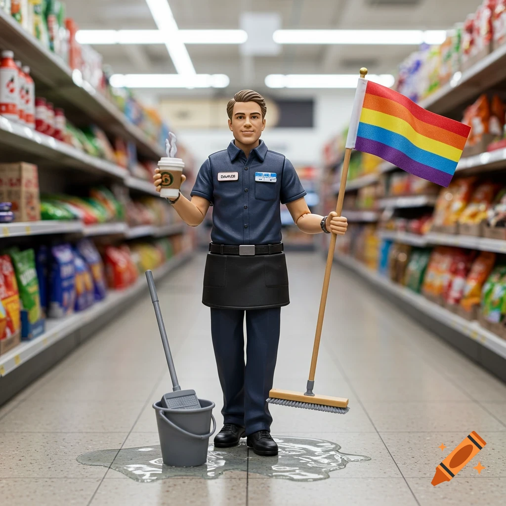 Action figure of a male grocery clerk holding a coffee and a pride flag in a supermarket aisle, with a mop and bucket on the floor.