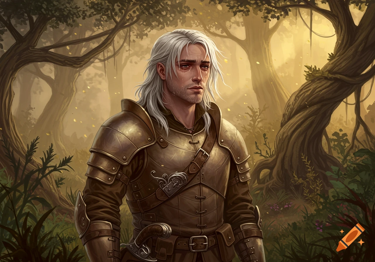 A sad man with long white hair and stubble in tan leather armor stands in an enchanted forest, digital painting.