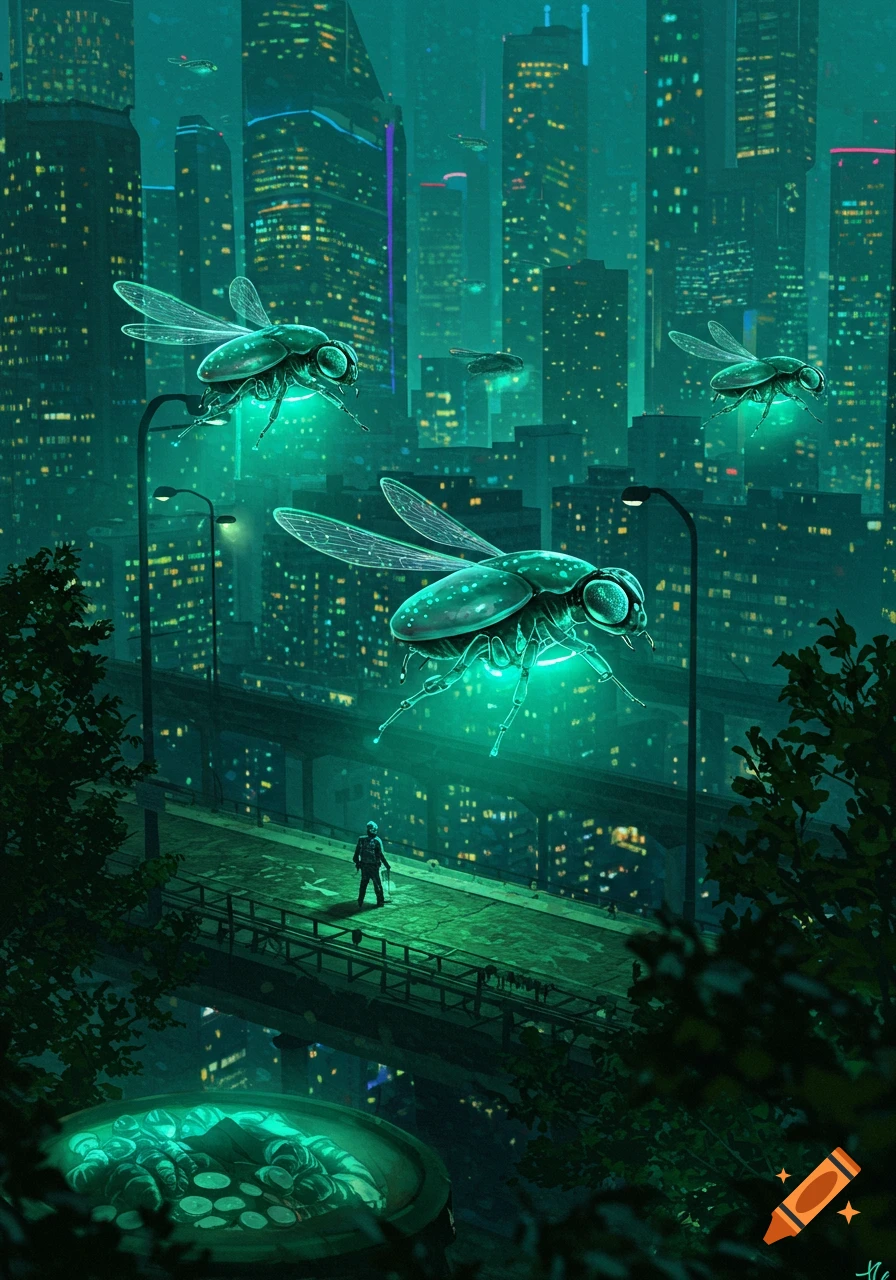 A person stands on a bridge in a green-hued futuristic city at night, with giant glowing insect-like drones flying above.