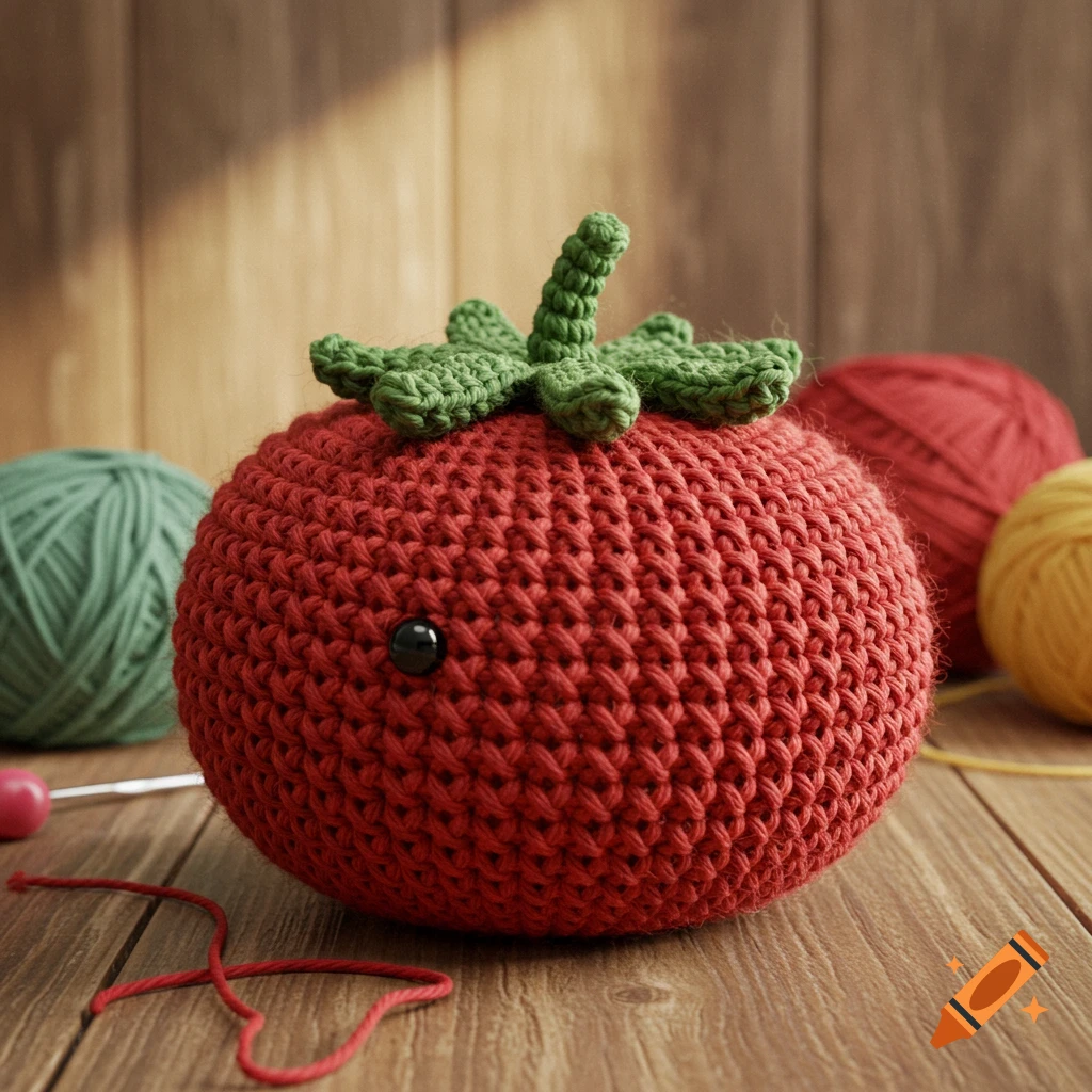 A red crocheted amigurumi tomato with a green stem and one black eye sits on a wooden table, surrounded by balls of yarn and a crochet hook.
