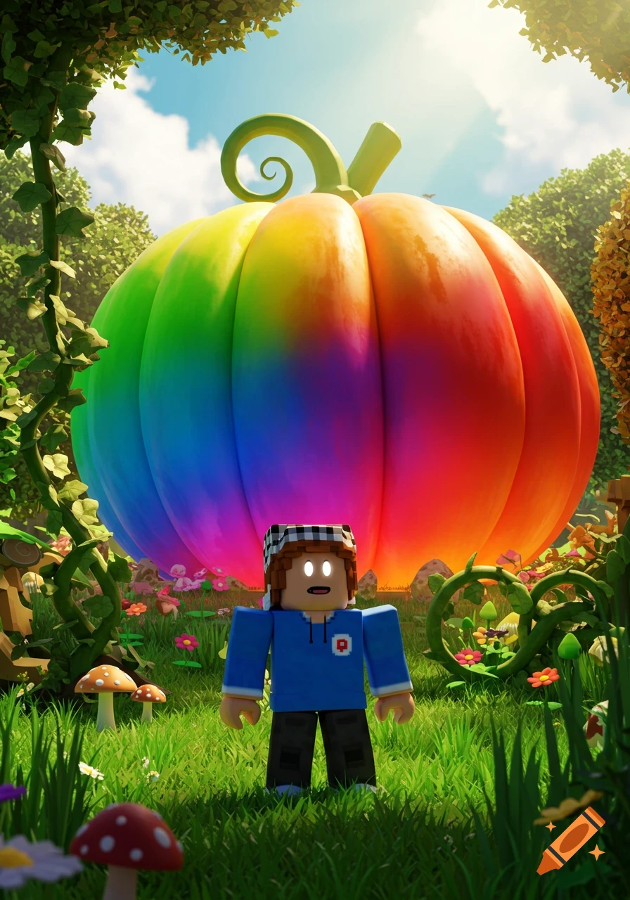 A Roblox character stands in a vibrant forest, looking up at a giant rainbow-colored pumpkin under a bright sky.