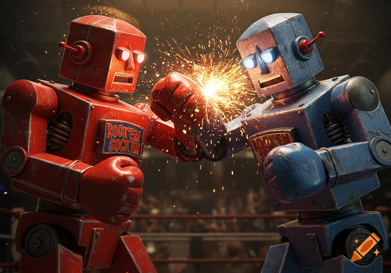 Photorealistic close-up of a red and blue Rock 'Em Sock 'Em robot fighting, sparks flying between their fists.