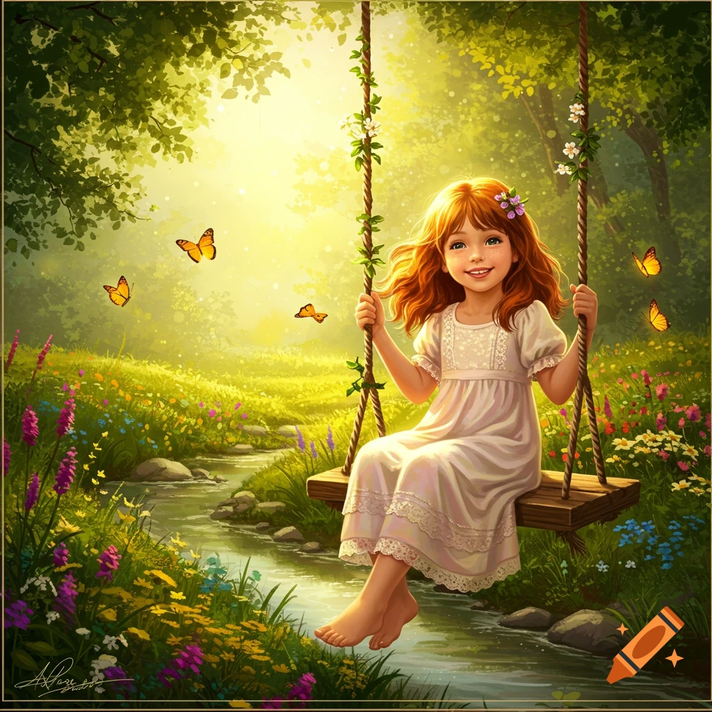 A smiling young girl with red hair swings over a stream in a lush, sunlit meadow with butterflies.