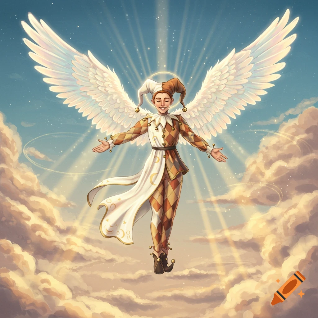 A jester with angel wings and a halo floats smiling in a cloudy sky with light rays.