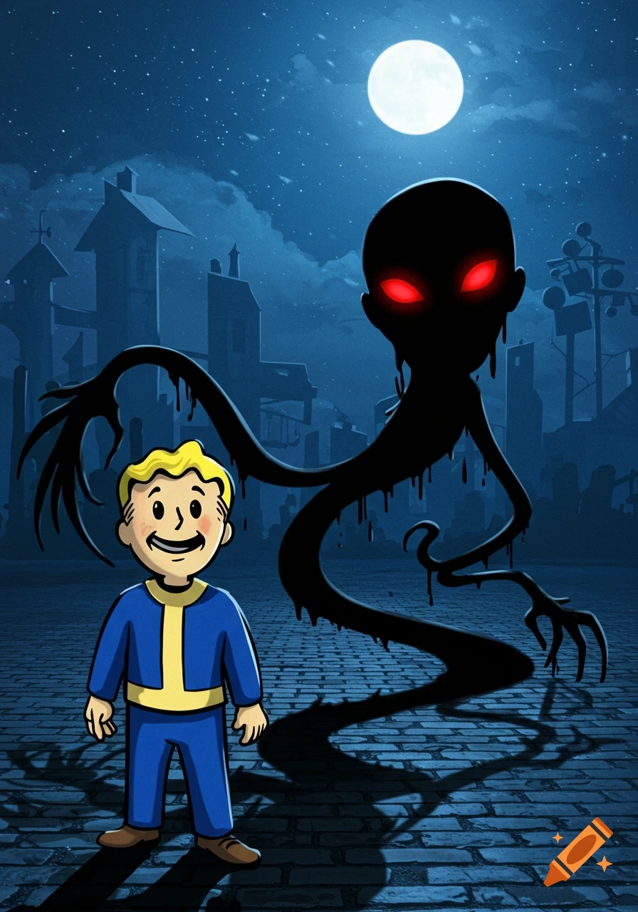 Vault Boy stands on a cobblestone street at night, looking at a large shadowy monster with glowing red eyes, under a full moon.