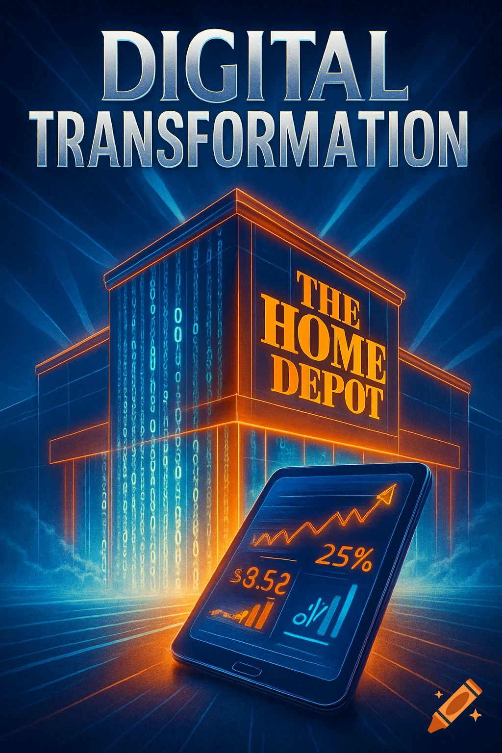 A stylized graphic of a Home Depot building with binary code, a glowing tablet showing growth charts, and text 'Digital Transformation'.