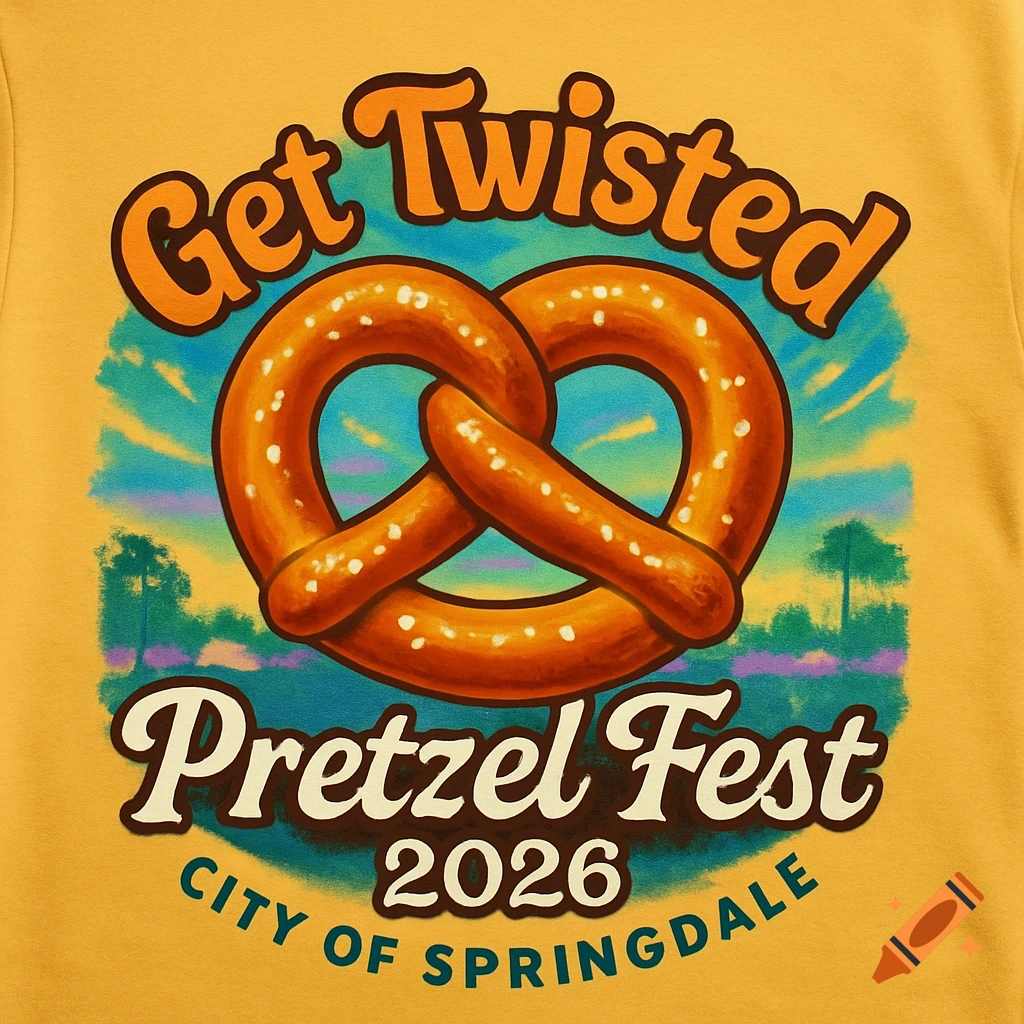 A vibrant graphic t-shirt design featuring a large pretzel, with text 'Get Twisted', 'Pretzel Fest 2026', and 'City of Springdale' on a colorful landscape background.