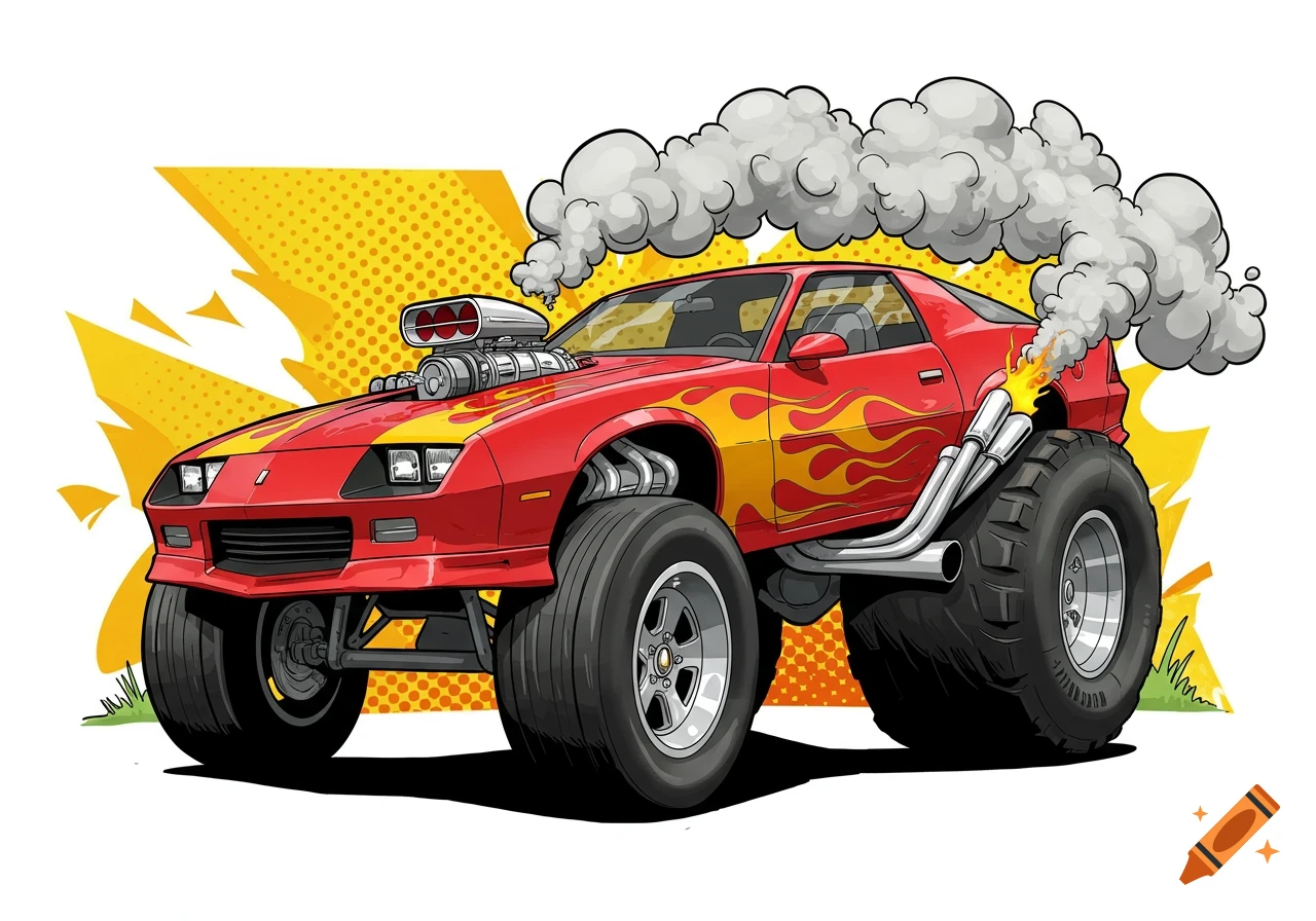 A vibrant red 1986 Chevy Camaro monster truck with flames, oversized tires, and an engine blower, drawn in a cartoon Rat Fink style.