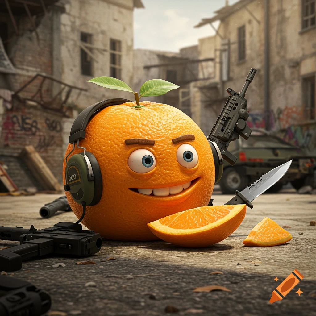 A cartoon orange character wearing headphones holds an assault rifle and knife in a ruined city street. Other weapons lie on the ground.