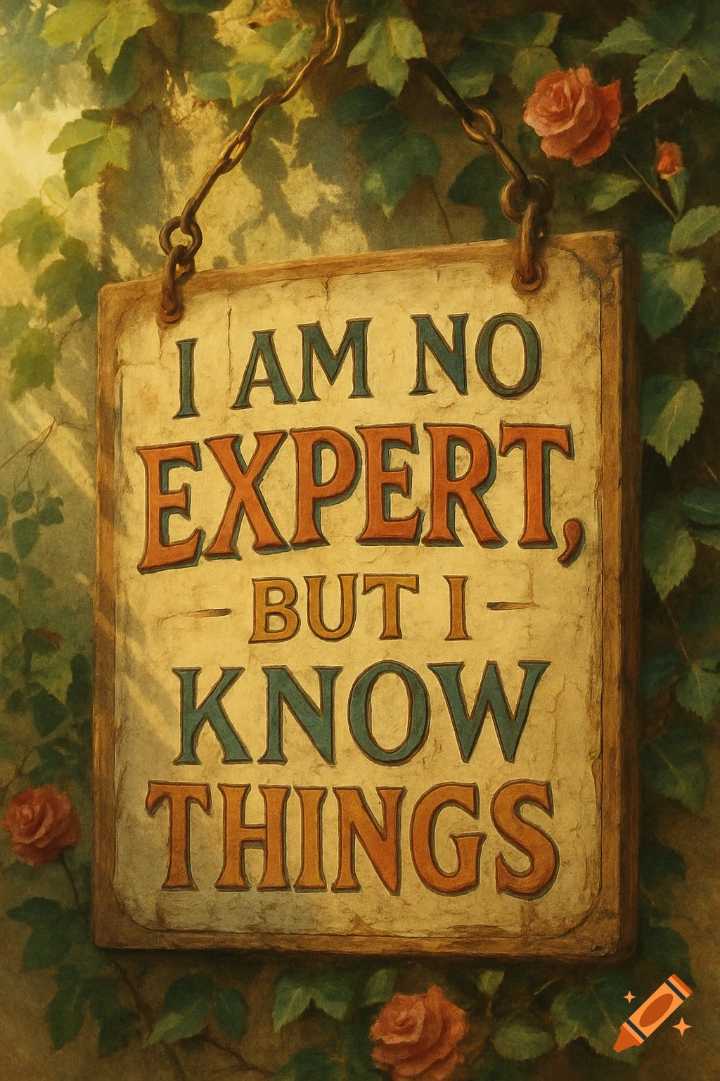 A rustic wooden sign hangs amidst green leaves and red roses, reading 'I AM NO EXPERT, BUT I KNOW THINGS'.