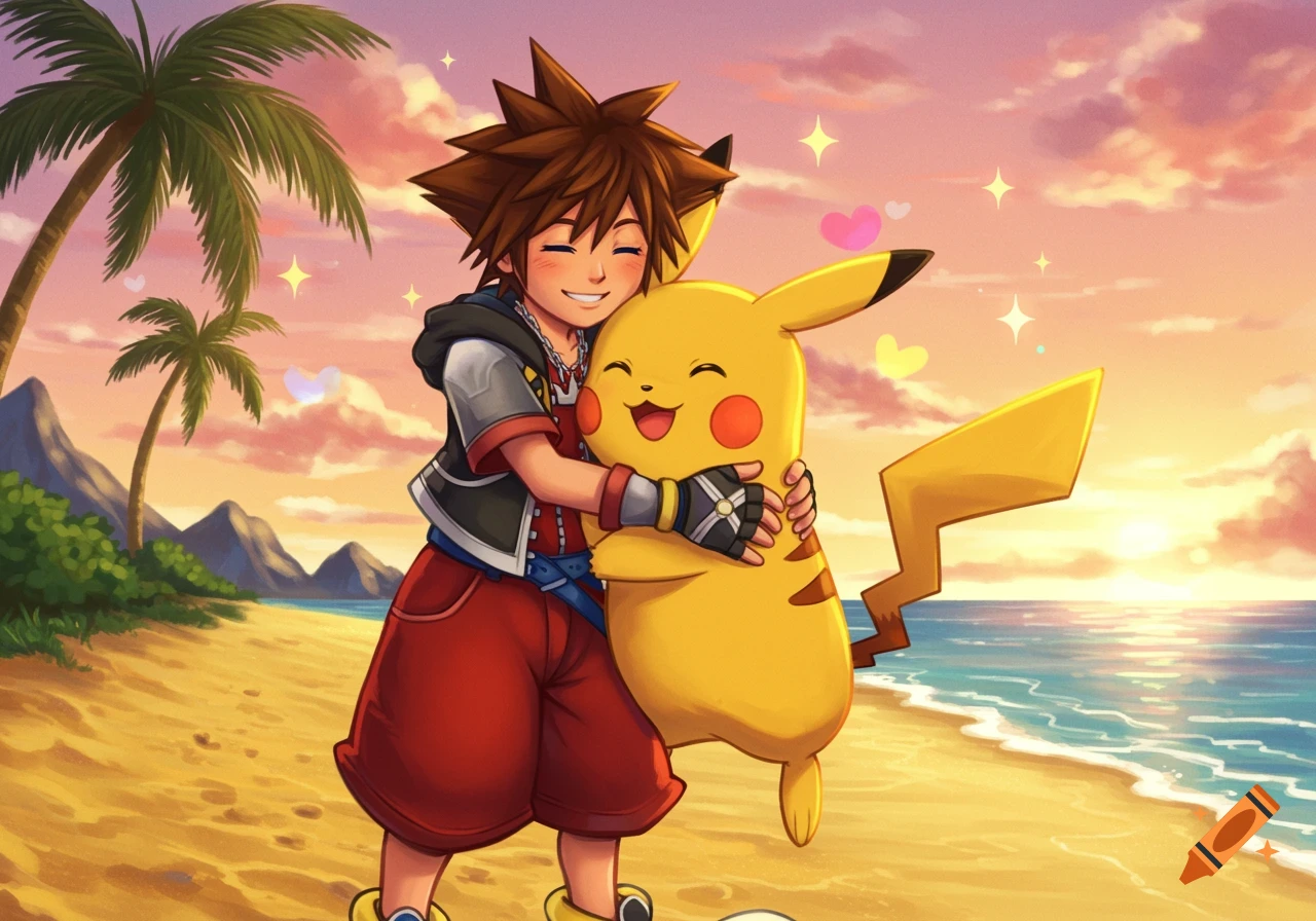 Sora from Kingdom Hearts hugs Pikachu on a tropical beach at sunset in an anime style.
