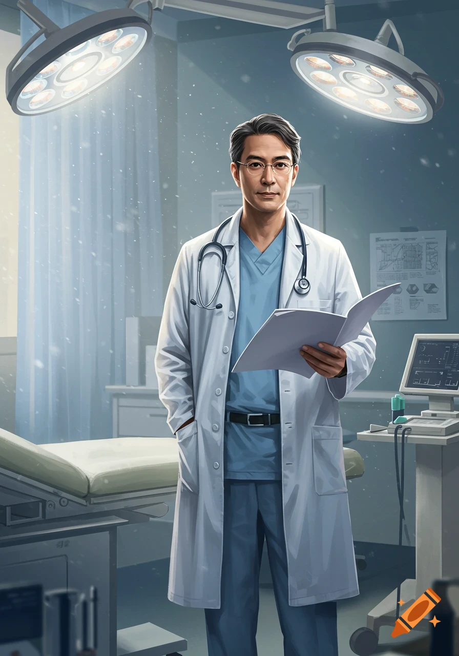 A man dressed as a doctor in a white lab coat and blue scrubs holds a folder while standing in a surgical room with bright lights.