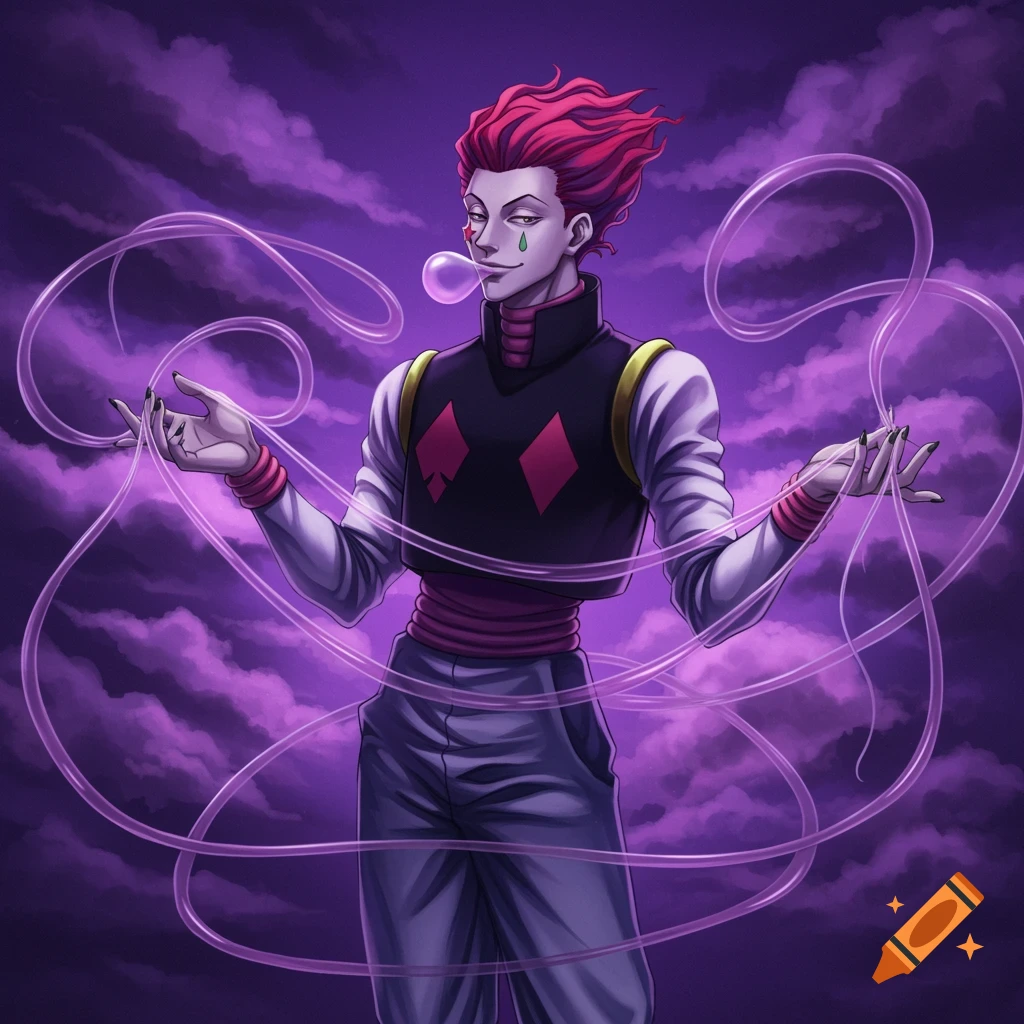 An anime character with pink hair and a black and white outfit blows bubblegum, surrounded by purple ethereal strands against a cloudy purple sky.