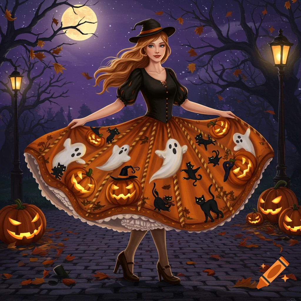 A witch in a flowing orange skirt with jack-o'-lanterns, ghosts, and black cats, standing on a cobblestone path at night under a full moon.