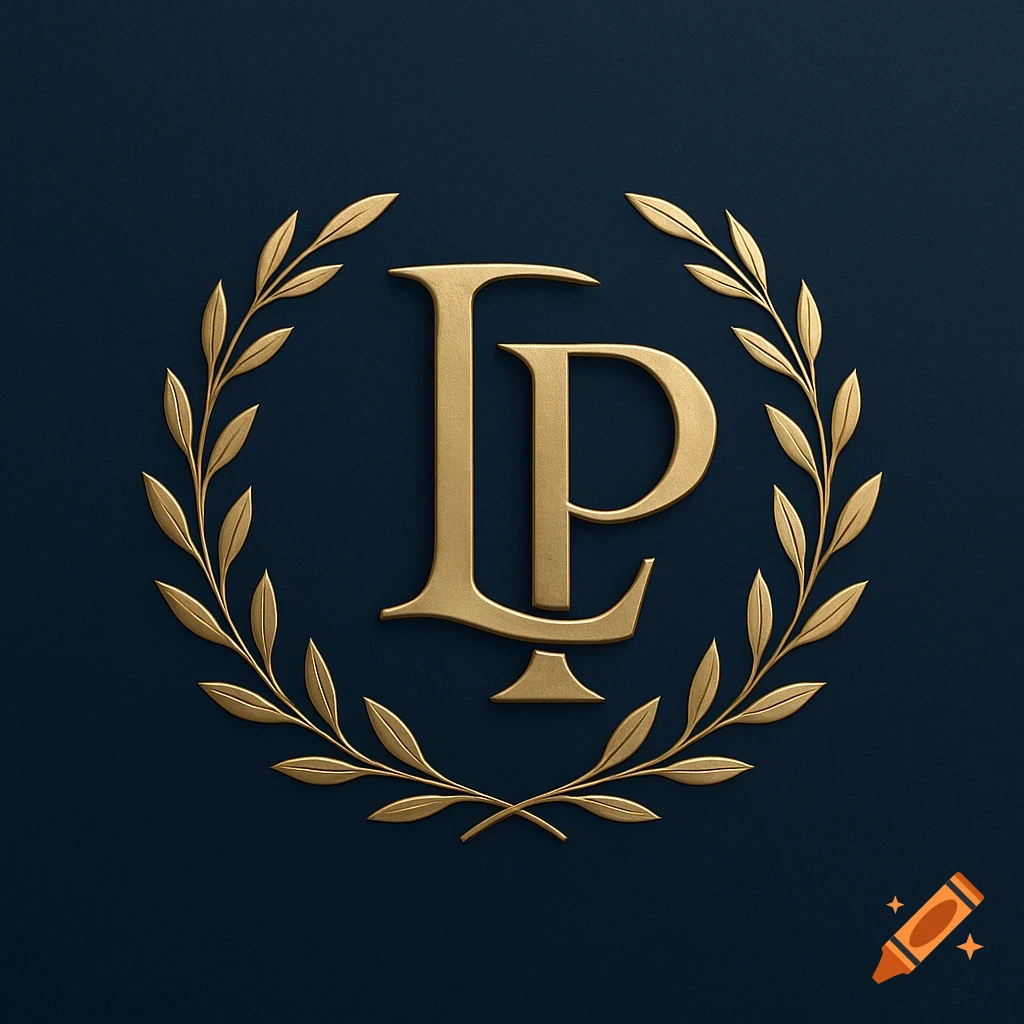 A golden, embossed 'LP' monogram surrounded by a laurel wreath on a dark blue background.