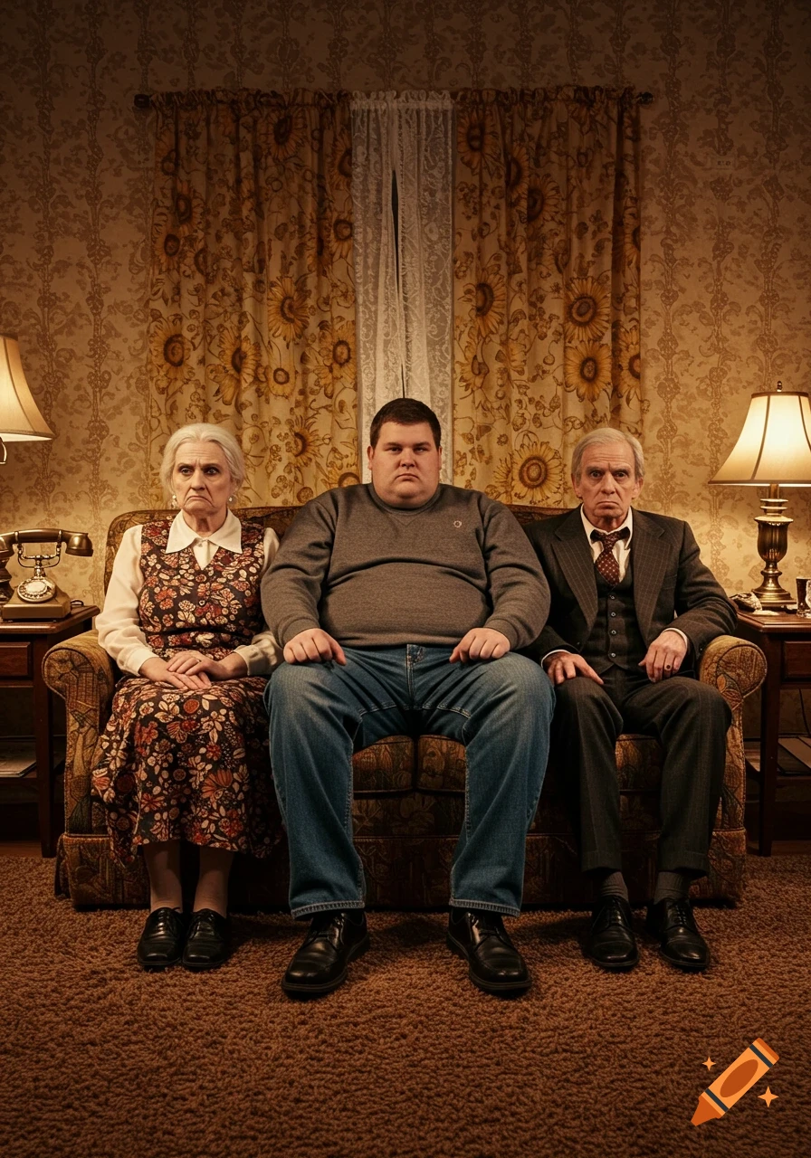 A photorealistic retro portrait of a large man sitting between two grumpy elderly people on a sofa in a vintage living room.