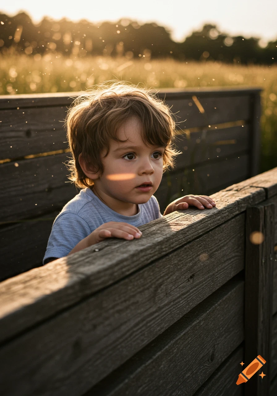 A young boy with curly hair peeks over a wooden fence in a sunny, golden field.