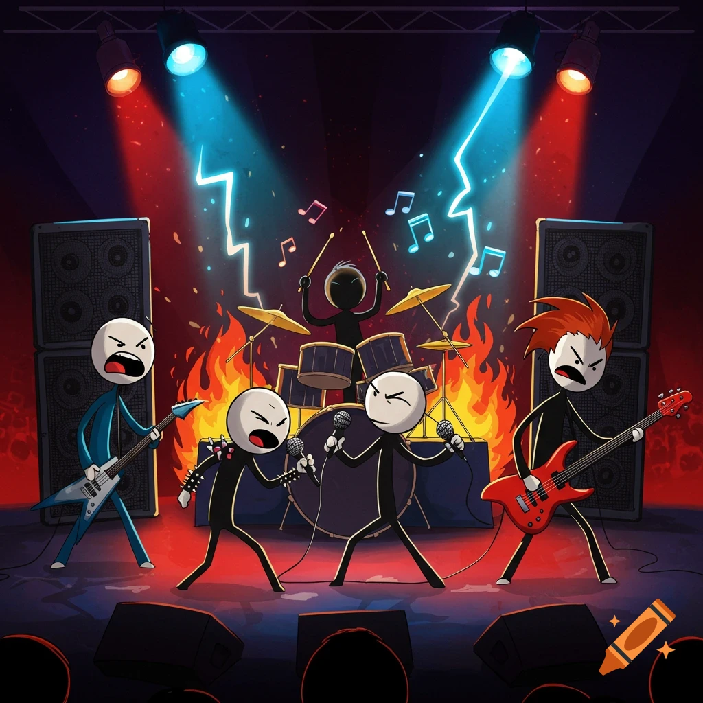 A cartoon stick figure metal band performs on a stage lit by red and blue spotlights, with flames and musical notes in the background.