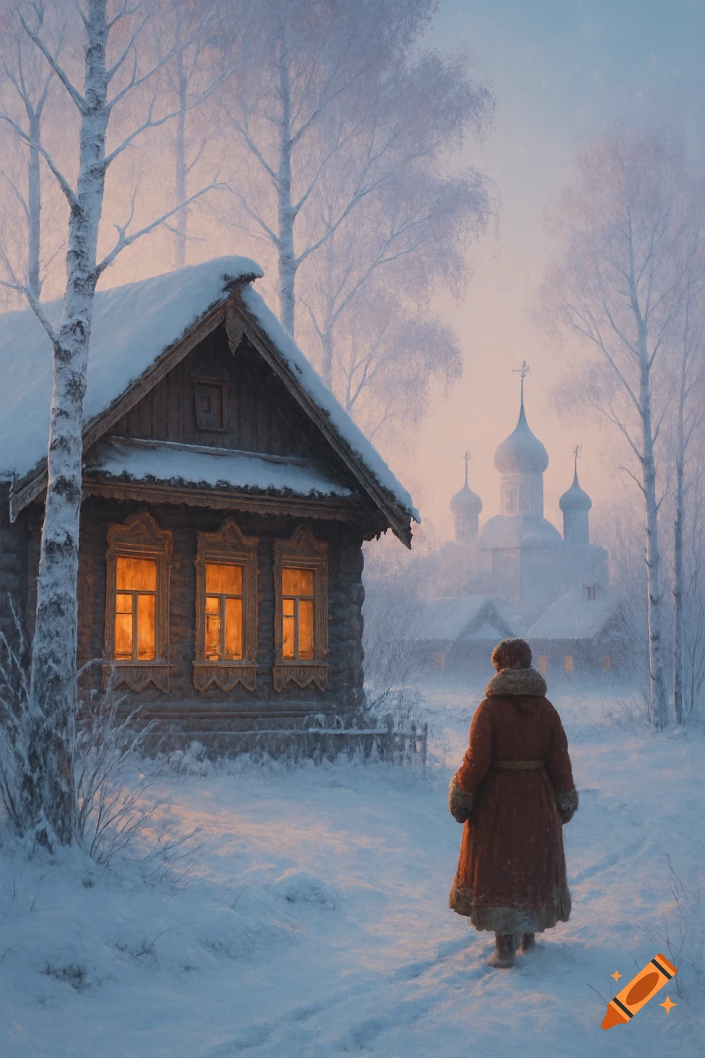 A person in a red coat walks through a snowy landscape towards a glowing wooden house and distant church under a pastel sky.