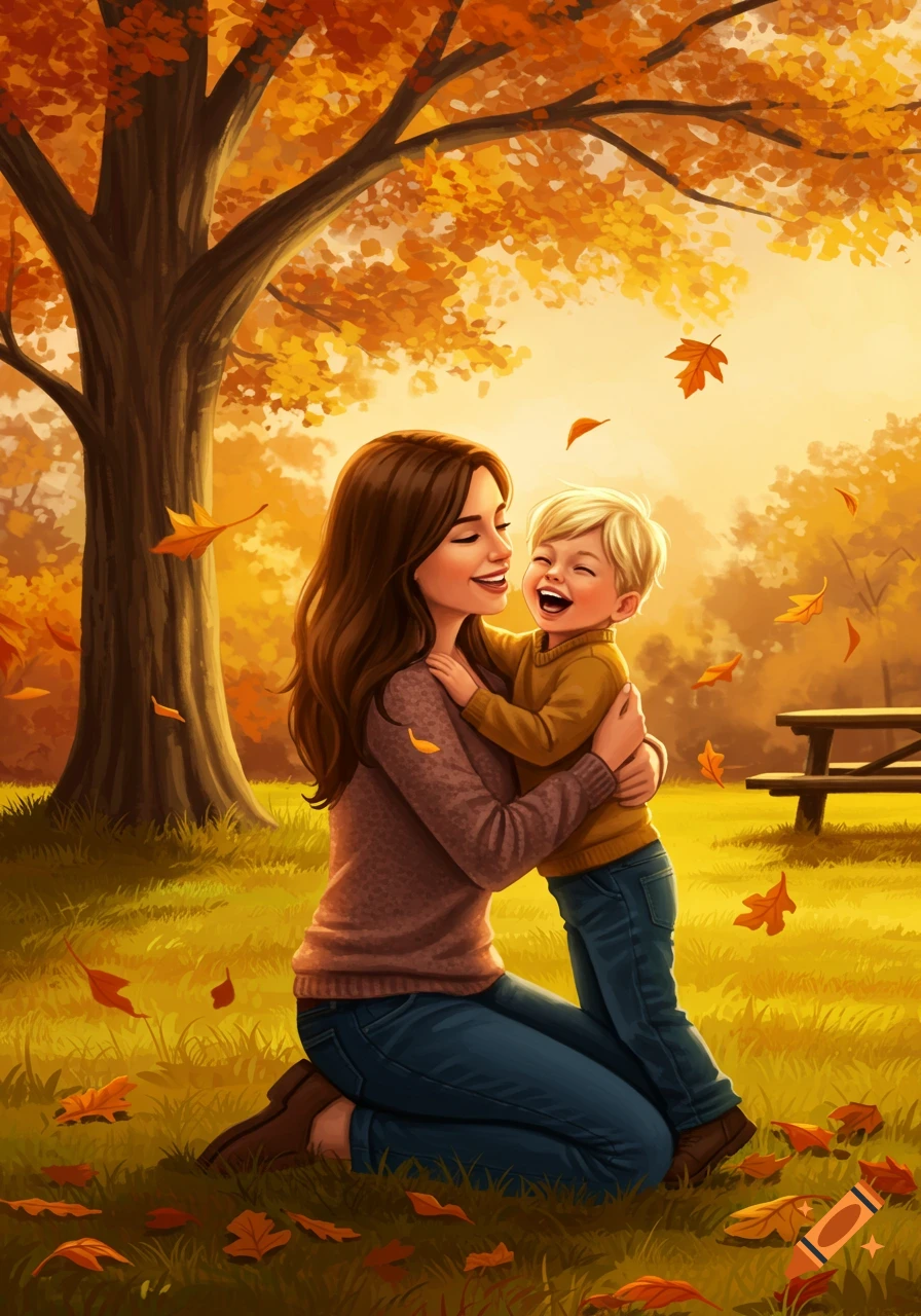 A happy mother with brown hair kneels and hugs her laughing blonde-haired son in an autumn park with falling orange leaves.