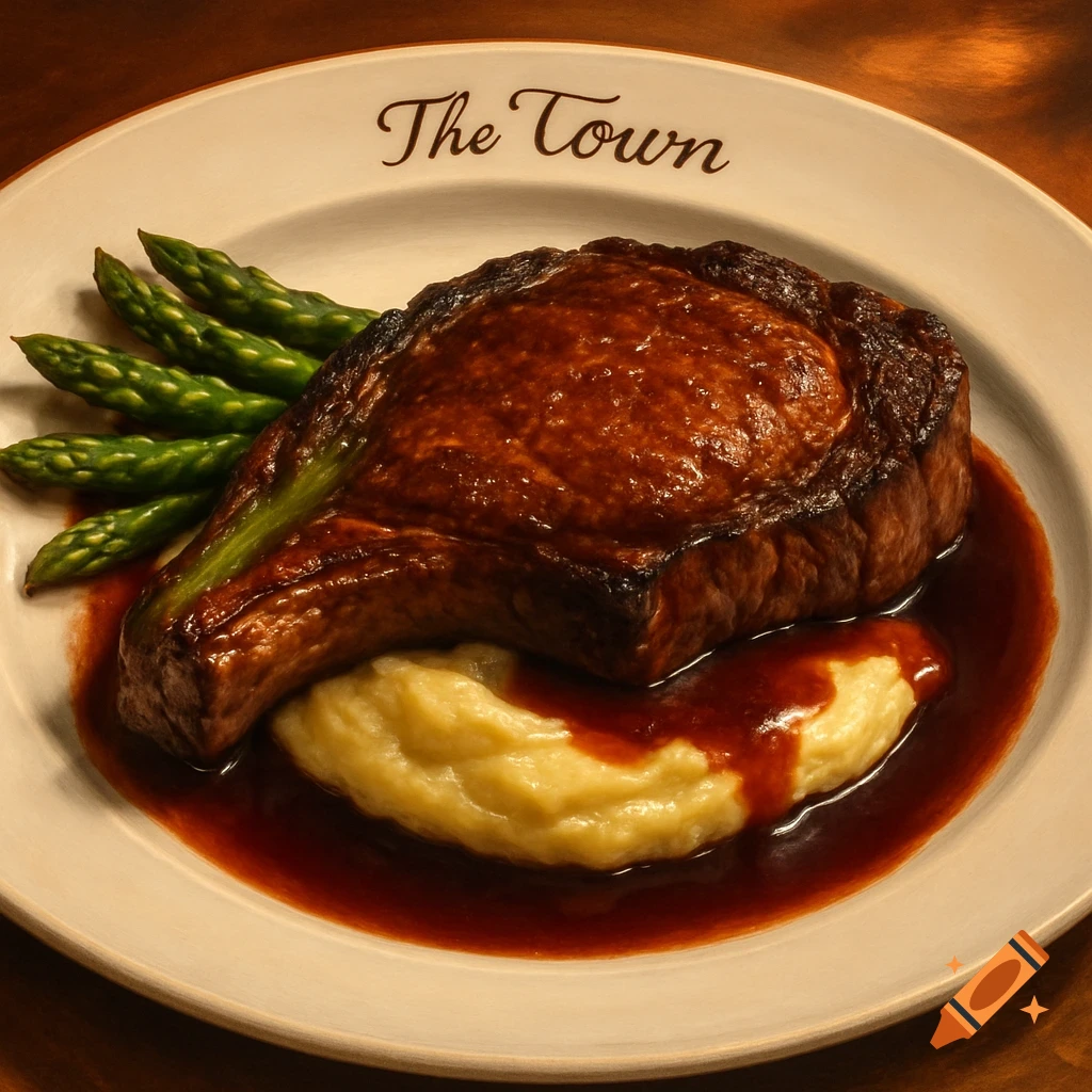 A photorealistic steak dinner with mashed potatoes, asparagus, and red wine gravy on a white plate with 'The Town' written on it.