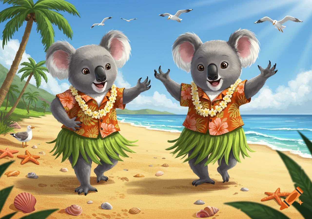 Two cartoon koalas in Hawaiian shirts and hula skirts dance on a sunny beach with palm trees and seagulls.