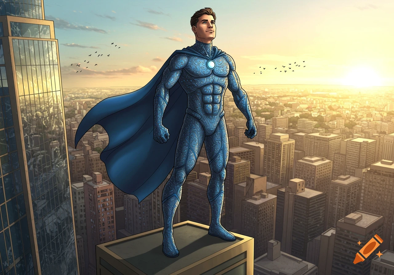 A male superhero in a blue patterned suit and cape stands atop a skyscraper, looking out over a city at sunset in a comic book style.