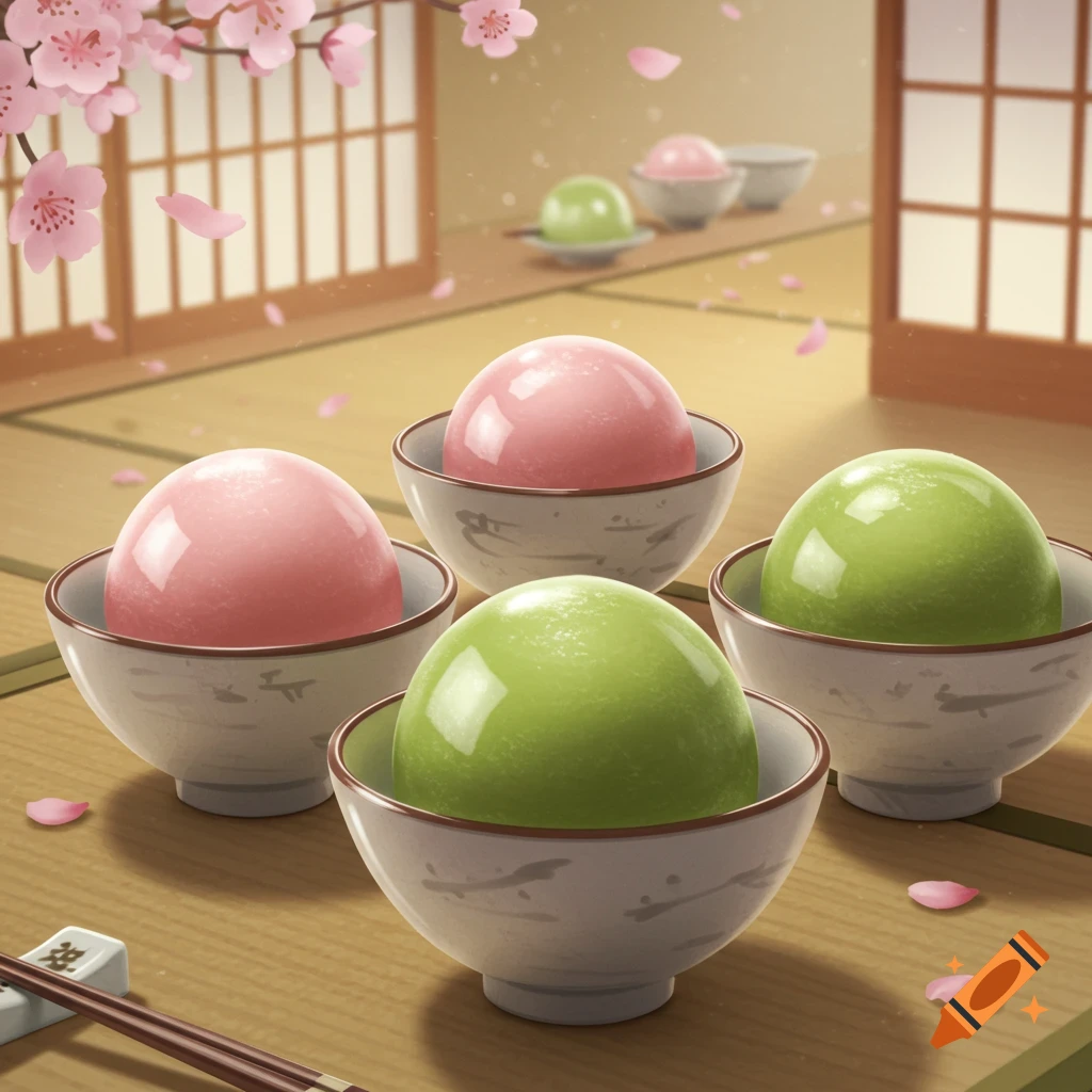 Pink and green glossy mochi balls in white bowls on a tatami mat table, with cherry blossoms falling in a traditional Japanese room.