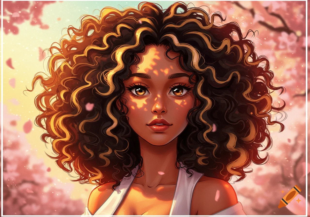 Stylized portrait of a woman with dark curly hair and blonde streaks, against a bright, sunlit background with pink blossoms.