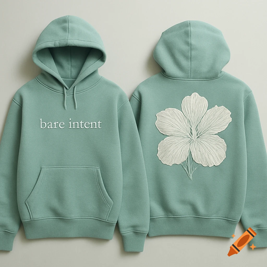 Seafoam green hoodie with "bare intent" embroidered on the front and a white embroidered hibiscus flower on the back.