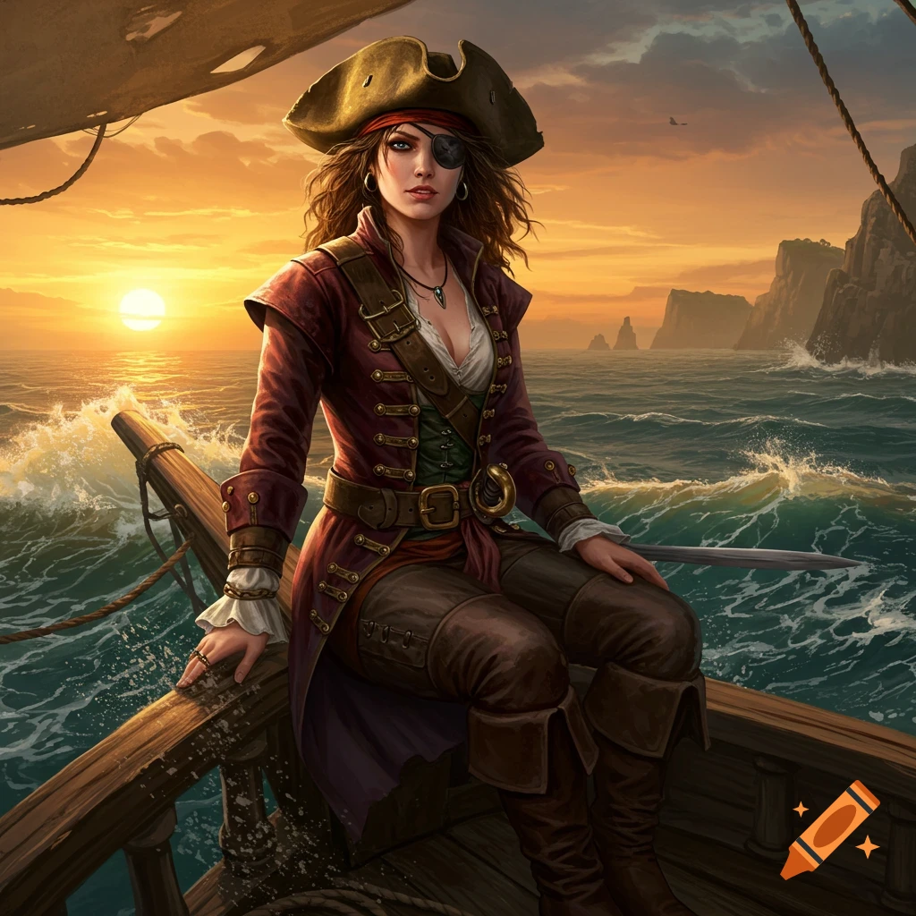 A female pirate with an eyepatch on a ship at sunset, with a detailed costume and a sword.