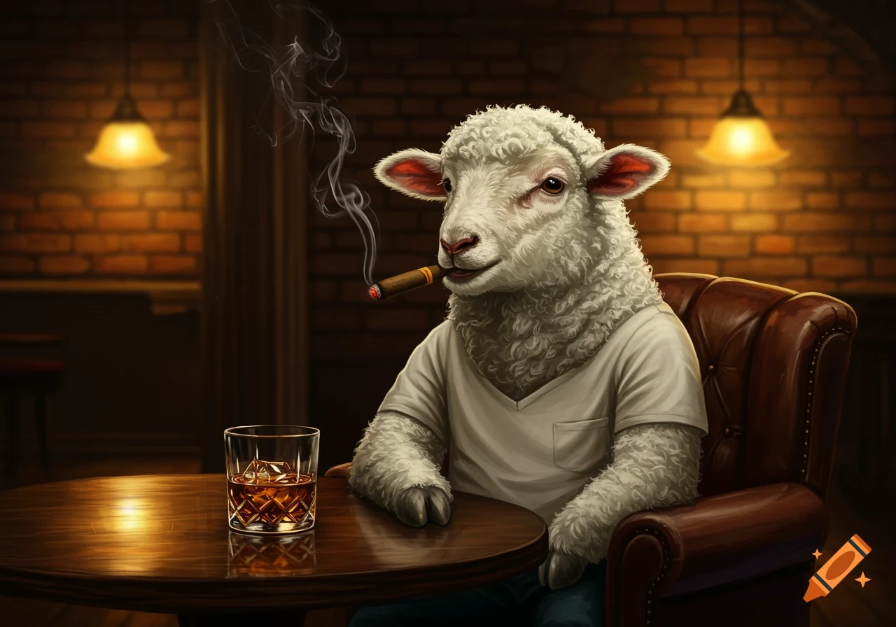 A photorealistic anthropomorphic lamb in a t-shirt smokes a cigar and drinks whiskey at a bar table.