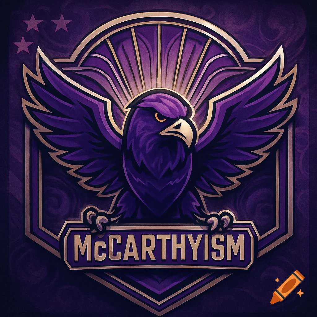 Purple and gold logo featuring a stylized eagle with spread wings and the text 'MCCARTHYISM' below.
