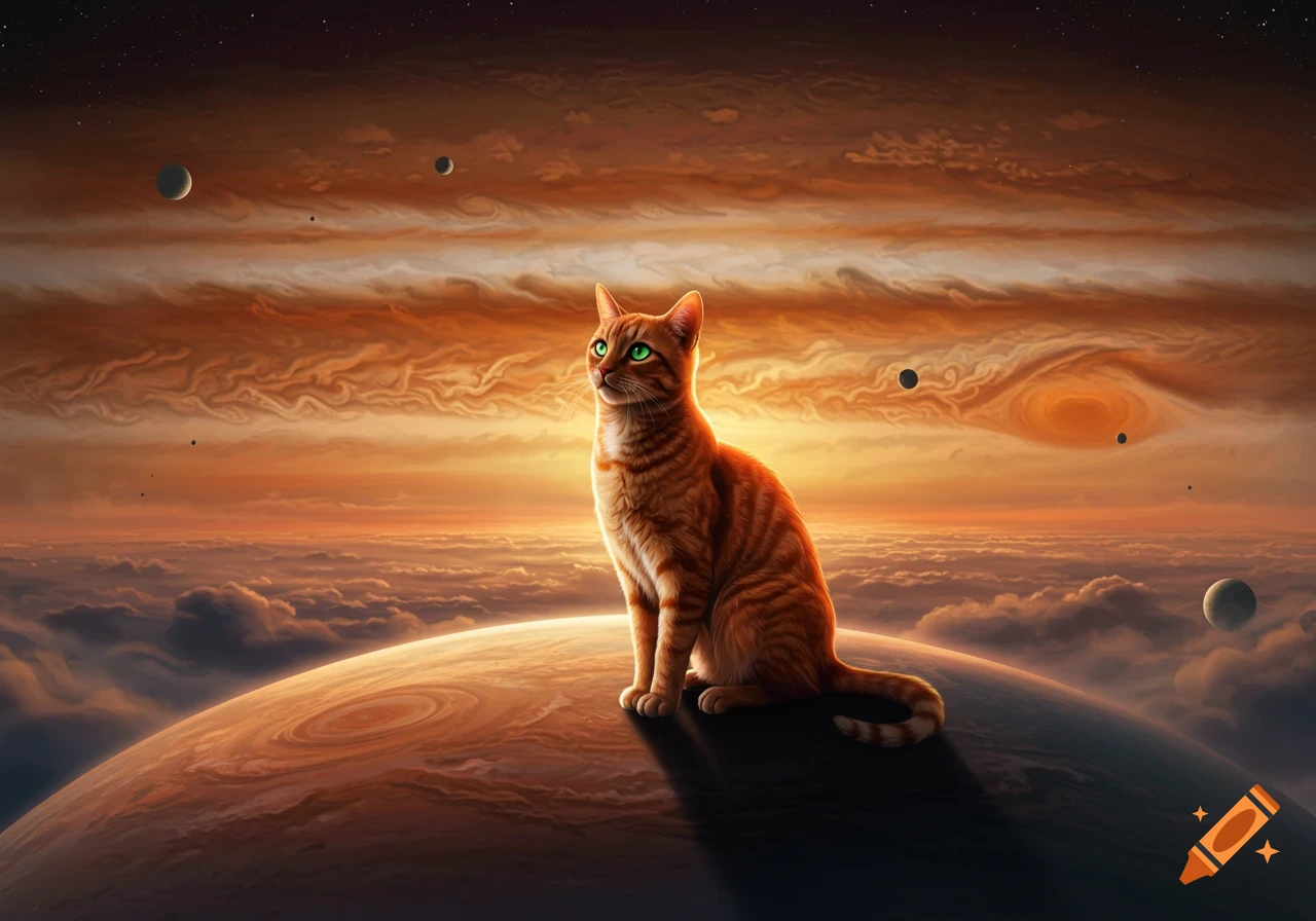 An orange tabby cat with bright green eyes sits atop the planet Jupiter, gazing up at a cloudy, orange-striped sky with several moons visible.