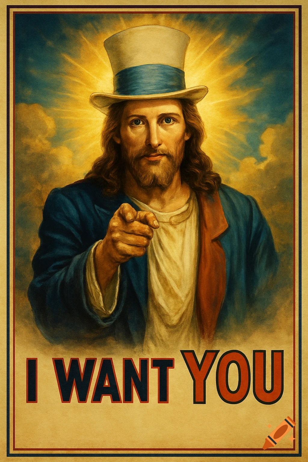 A poster of Jesus Christ wearing a top hat and a suit, pointing forward like Uncle Sam, with the text "I WANT YOU" below.