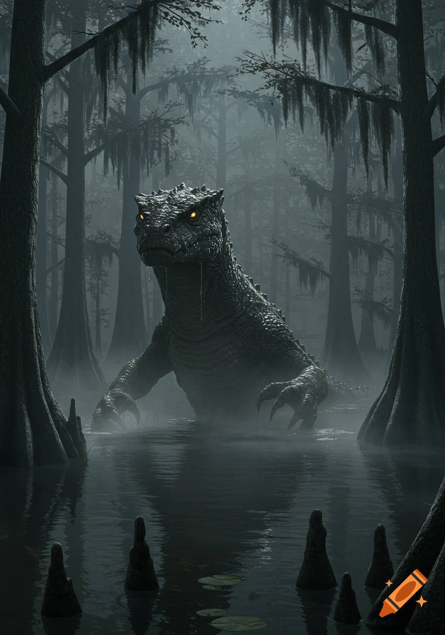 A massive, dark reptilian creature with glowing orange eyes emerges from a misty swamp surrounded by cypress trees.