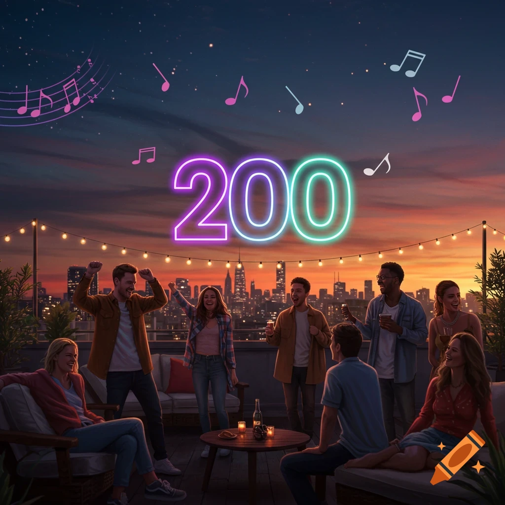 A vibrant rooftop party at sunset with a diverse group celebrating. A large neon '200' and musical notes glow above a city skyline.