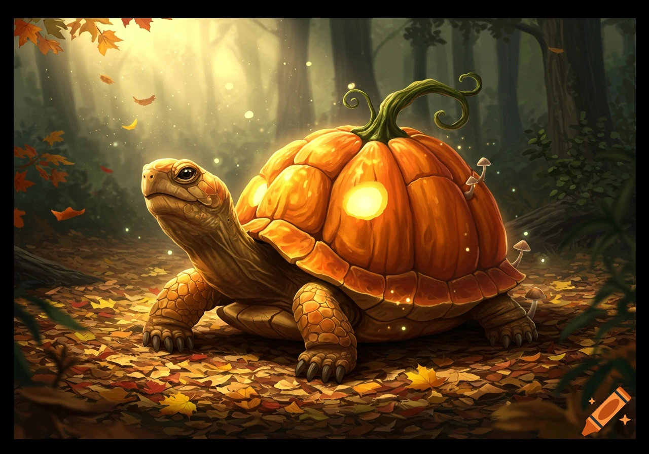 A cute turtle with a glowing pumpkin shell walks through an autumn forest filled with fallen leaves and glowing particles. Digital art.