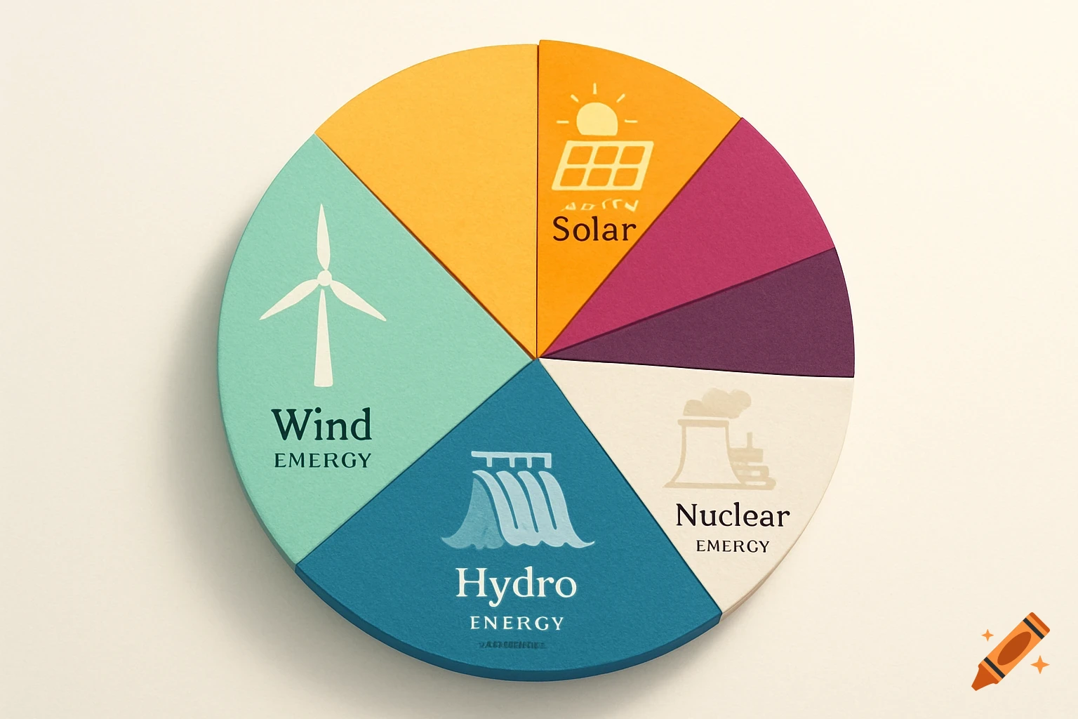 A colorful pie chart illustrating different energy sources like wind, solar, hydro, and nuclear.