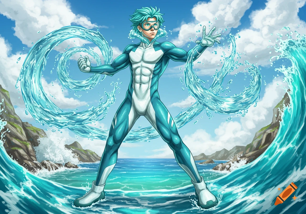 A male superhero with blue hair and a cyan and white suit manipulates water in the ocean with mountains, in an anime style.