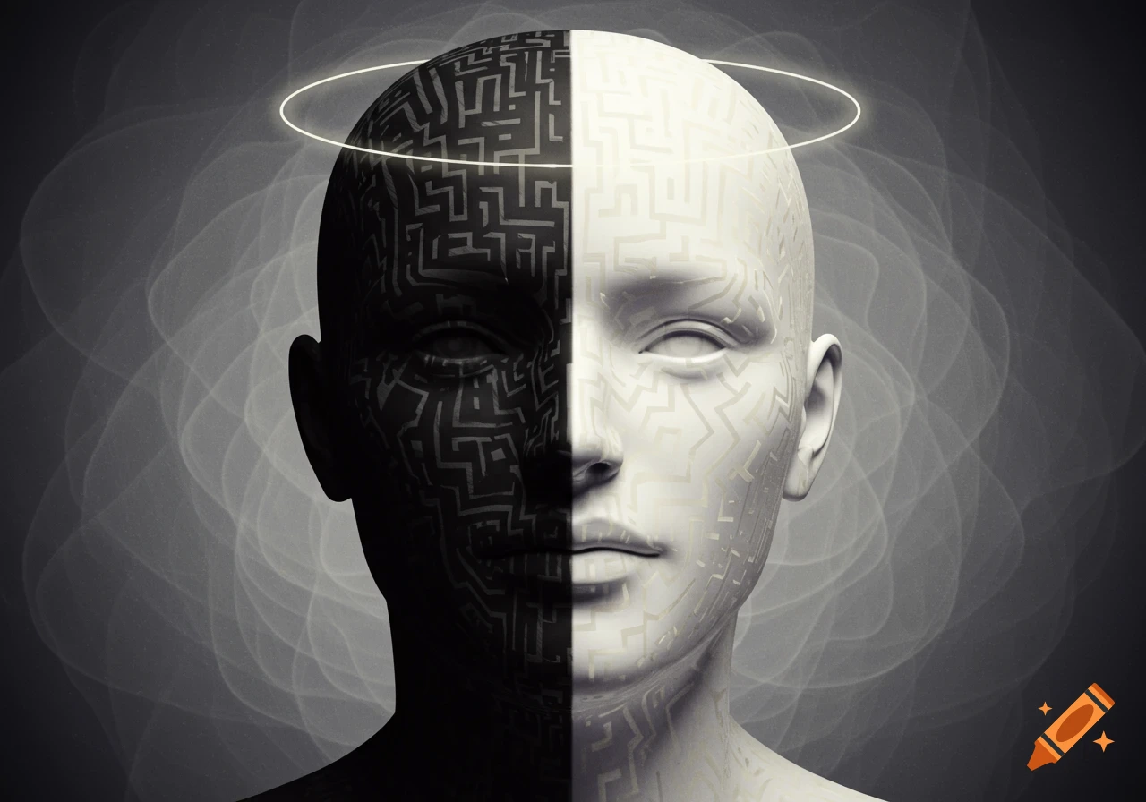 A stylized black and white split head with maze-like patterns and a glowing halo, representing contrasting thoughts.