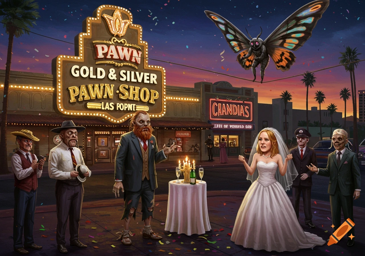 A surreal outdoor wedding in Las Vegas features a zombie groom, a surprised bride, a mothman on a tightrope, and zombie guests outside a pawn shop.