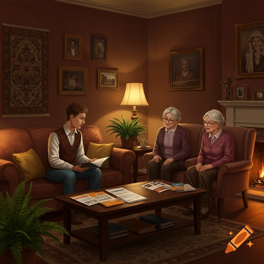 A young man sits on a brown sofa, holding papers, talking to two senior women in armchairs in a warmly lit living room.