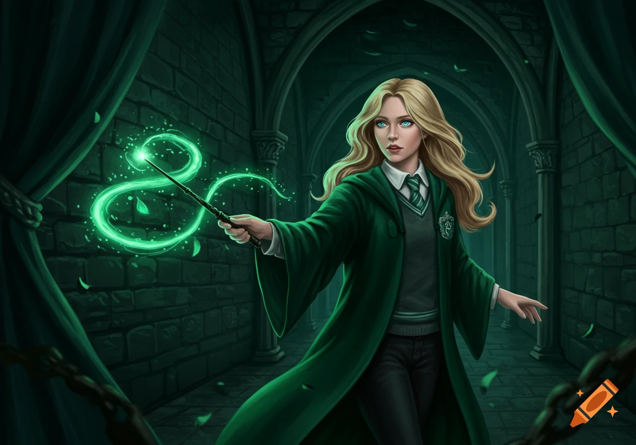 A blonde Slytherin girl in a green robe casts green magic from her wand in a dark, arched stone corridor.