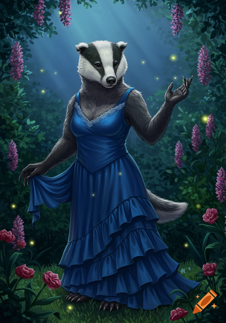 A fantastical illustration of an anthropomorphic badger in a flowing blue dress, standing in a moonlit forest with glowing fireflies and pink flowers.